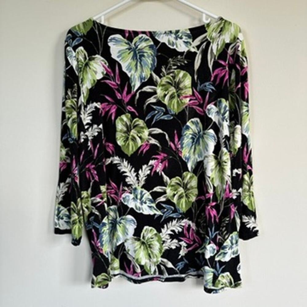 J. Jill Wearever Boat Neck Top 3/4 Sleeve Floral Tropical Leaf Print Black LARGE - Picture 6 of 10